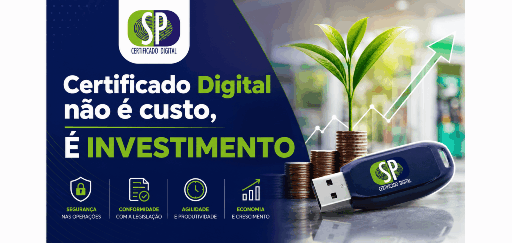 Gráfico ascendente de lucros sobreposto a um notebook e um e-CNPJ, ilustrando o retorno financeiro gerado pela tecnologia de certificação.