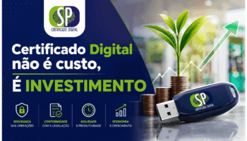 Gráfico ascendente de lucros sobreposto a um notebook e um e-CNPJ, ilustrando o retorno financeiro gerado pela tecnologia de certificação.