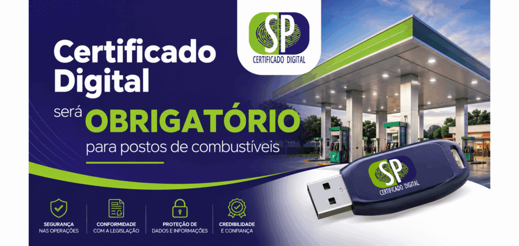 Um frentista abastecendo um carro em um posto, com uma sobreposição gráfica de um Certificado Digital e um escudo de segurança, simbolizando conformidade fiscal.