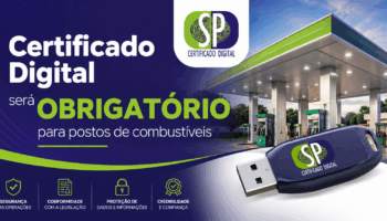 Um frentista abastecendo um carro em um posto, com uma sobreposição gráfica de um Certificado Digital e um escudo de segurança, simbolizando conformidade fiscal.